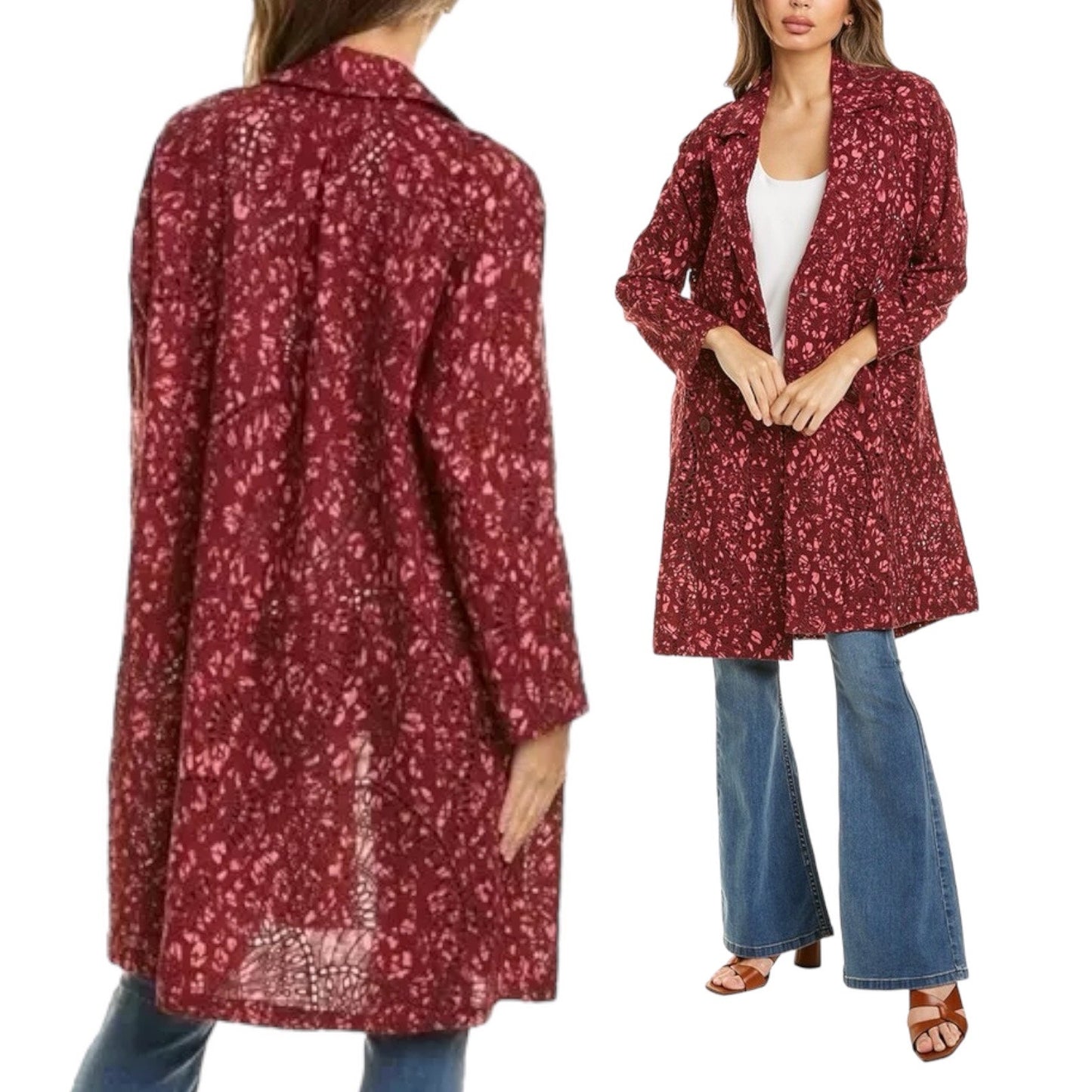 Johnny Was Zaragoza Linen Lace Double Breasted Trench Coat Red Size S