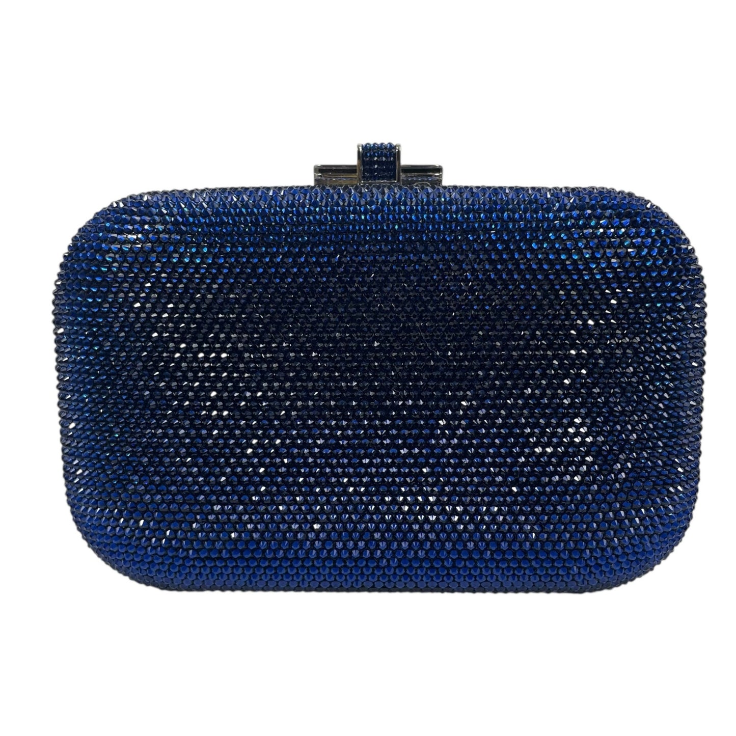Judith Leiber Crystal Slide Lock Box Minaudiere Clutch Bag Navy Silver