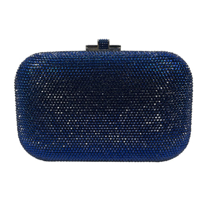 Judith Leiber Crystal Slide Lock Box Minaudiere Clutch Bag Navy Silver