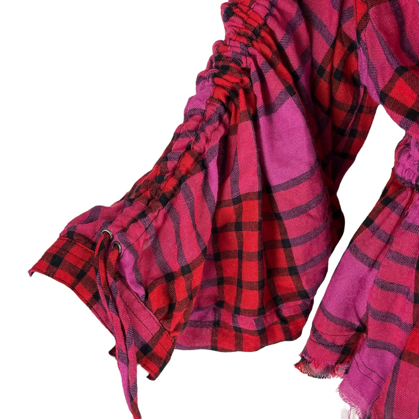 Free People Pacific Dawn Wool Plaid Shirt Red Pink Drawstring Size S