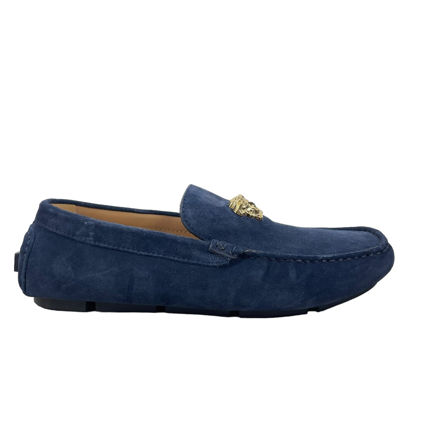 Versace La Medusa Suede Driver Loafers Moccasins Navy Blue Size 42