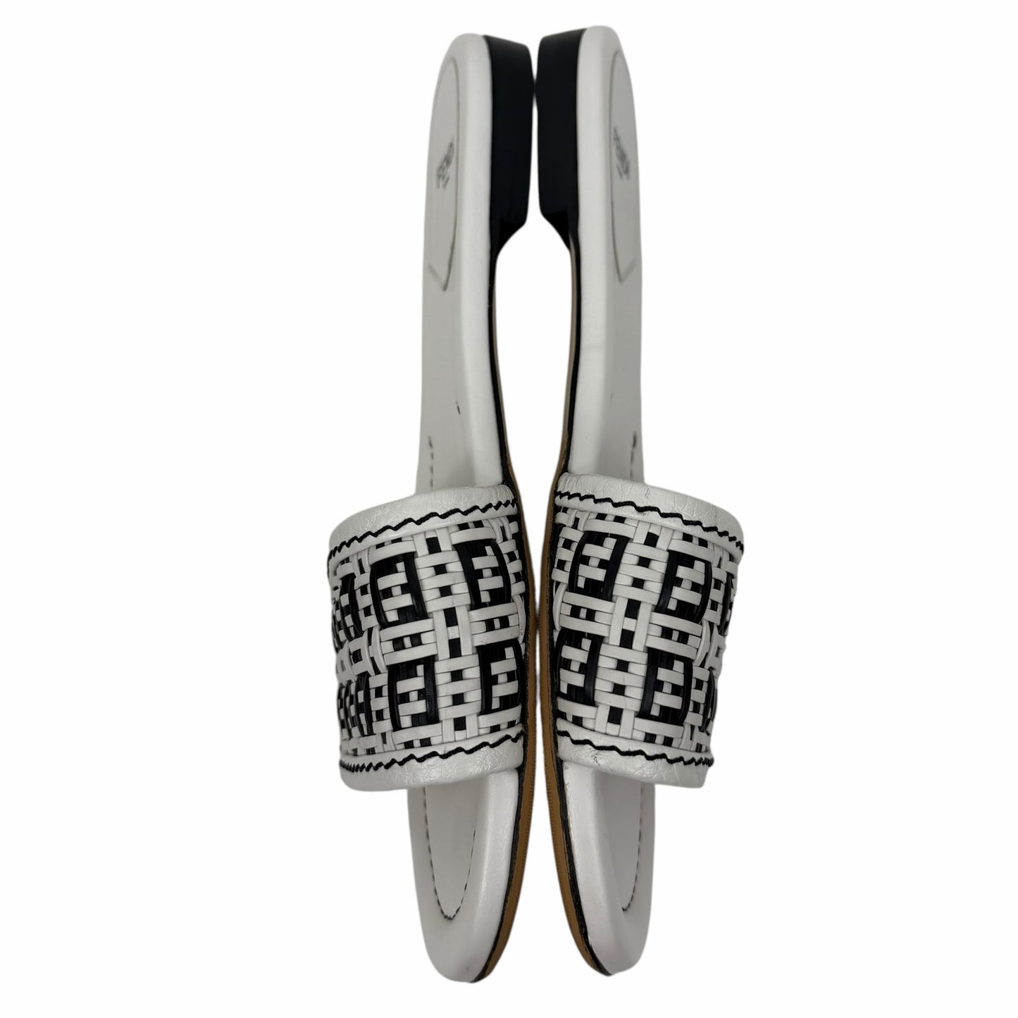 Fendi Rafia Weave Logo Leather Slide Sandal White Black Size 38.5