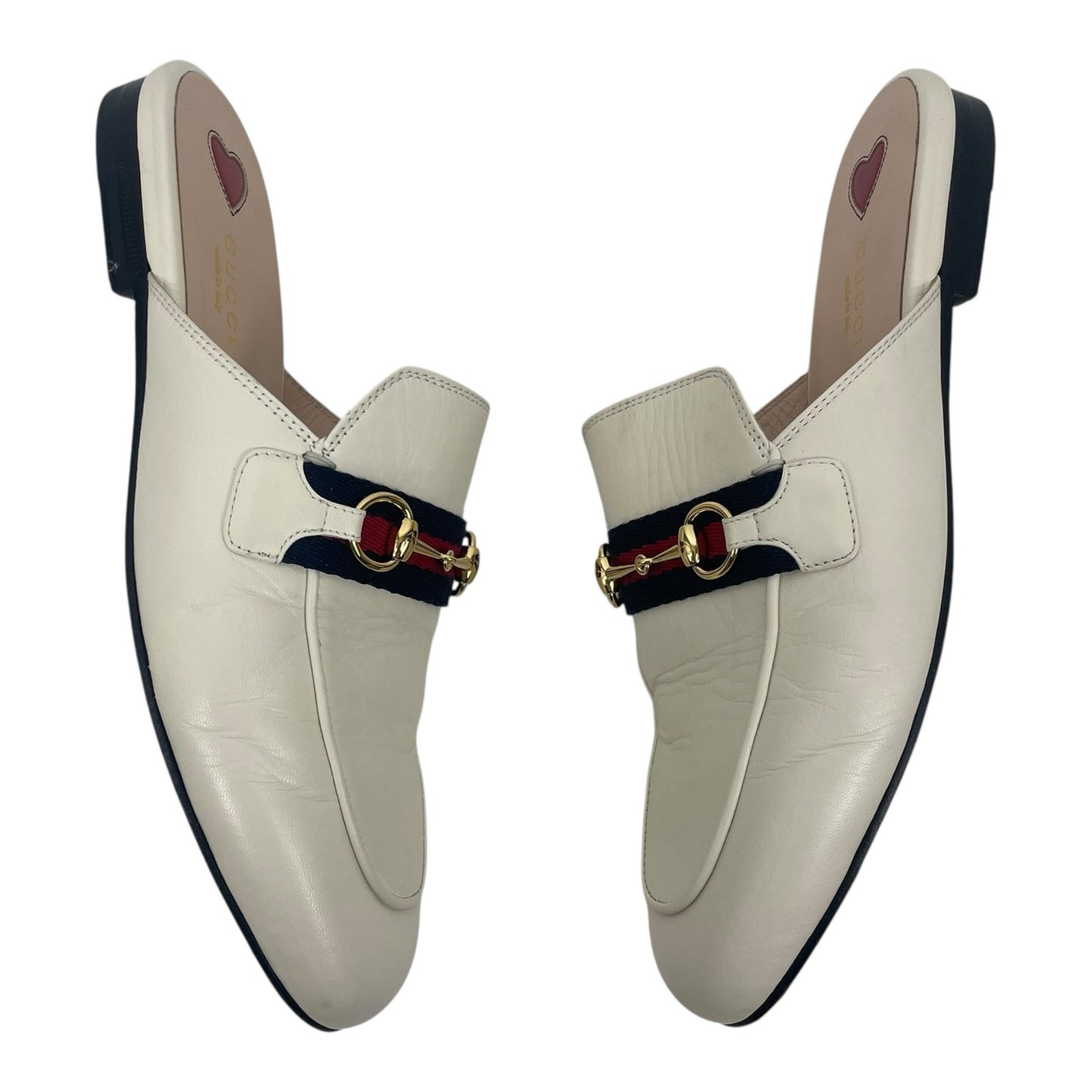 Gucci Princetown Web Leather Slide Mules Gold Horsebit White Size 38