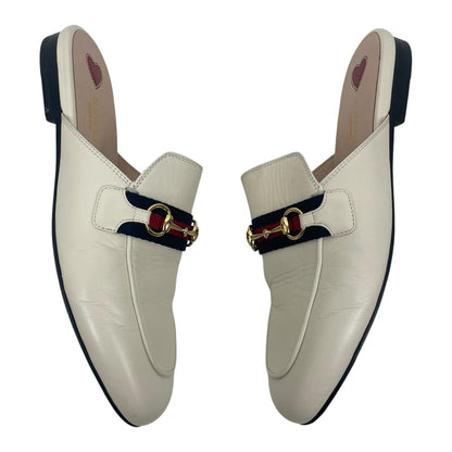 Gucci Princetown Web Leather Slide Mules Gold Horsebit White Size 38