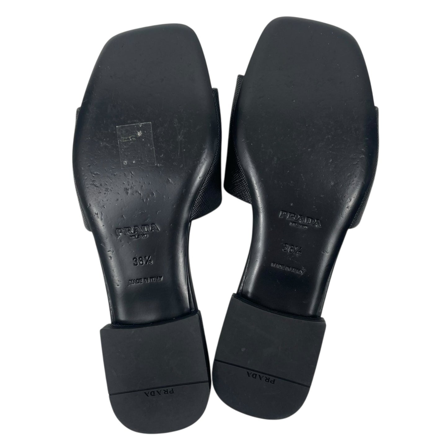Prada Saffiano Triangle Logo Plaque Slide Flat Sandal Black Size 36.5