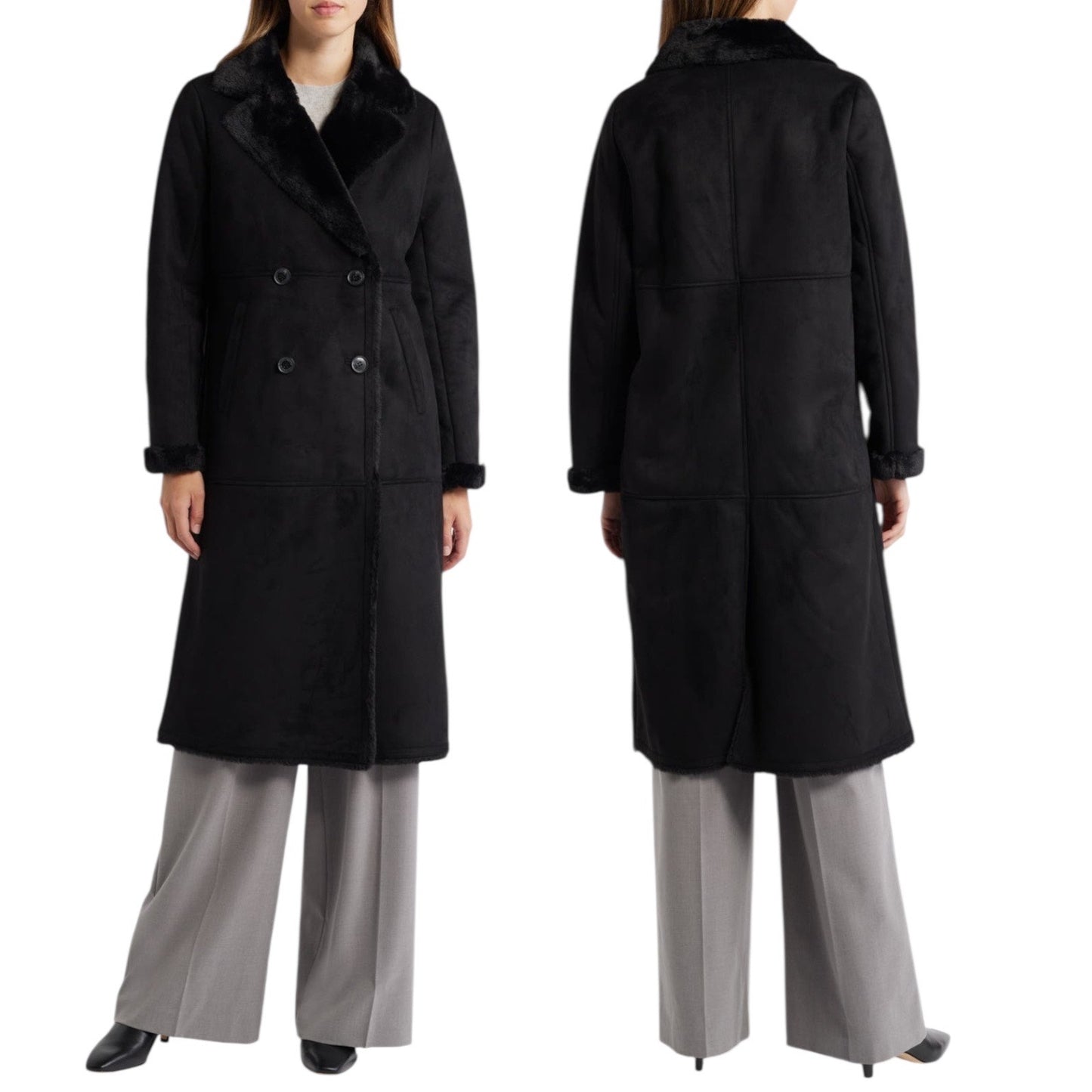 Lauren Ralph Lauren Double Breasted Faux Shearling Coat Black Size XL