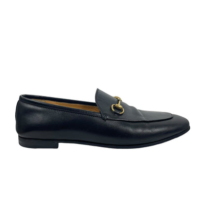 Gucci Jordaan Black Leather Loafers Horsebit Round Toe Flat Size 38.5