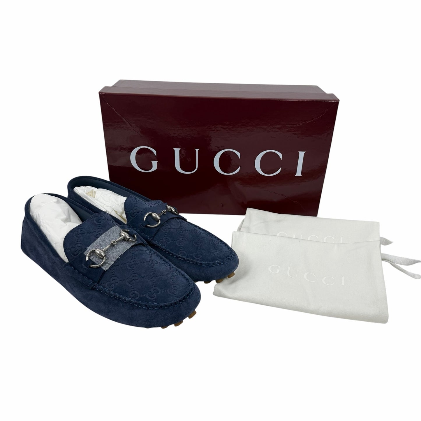 Gucci Byorn Guccisima Horsebit Suede Driver Loafer Blue Size 11/US 11.5