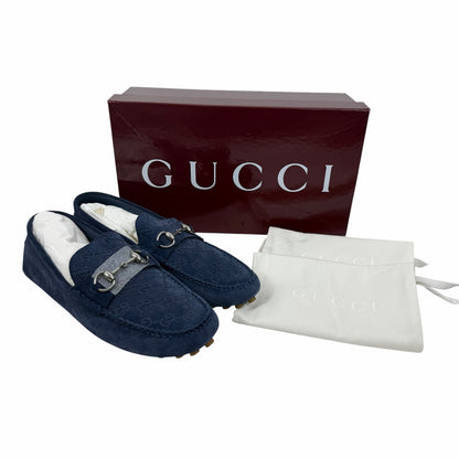 Gucci Byorn Guccisima Horsebit Suede Driver Loafer Blue Size 11/US 11.5