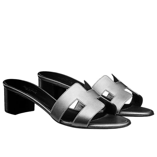 Hermes Oasis Leather Heel Sandals Signature H Silver Size 36.5