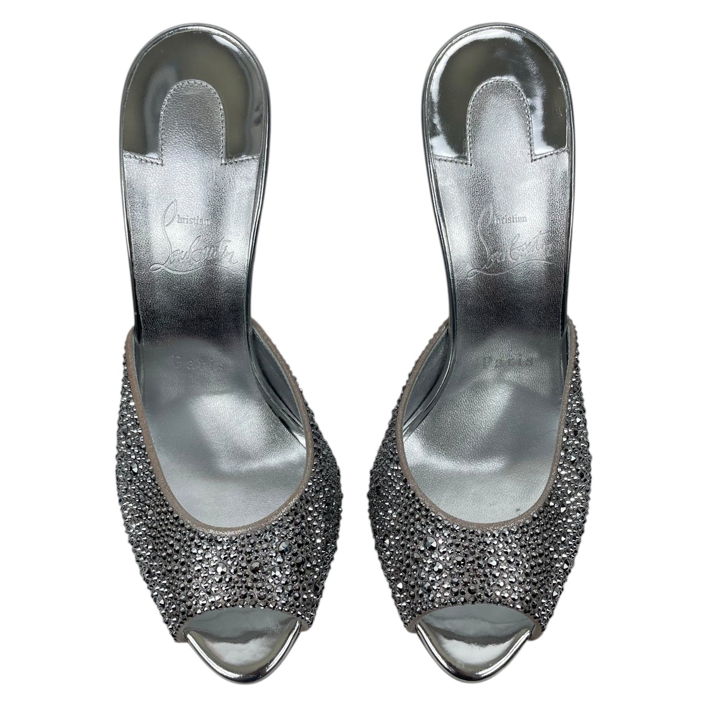 Christian Louboutin Me Dolly Strass 100mm Crystal Mules Silver Size 38