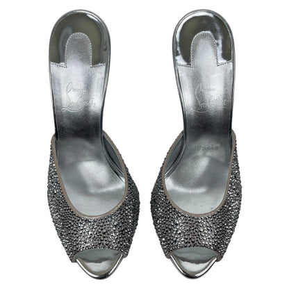 Christian Louboutin Me Dolly Strass 100mm Crystal Mules Silver Size 38