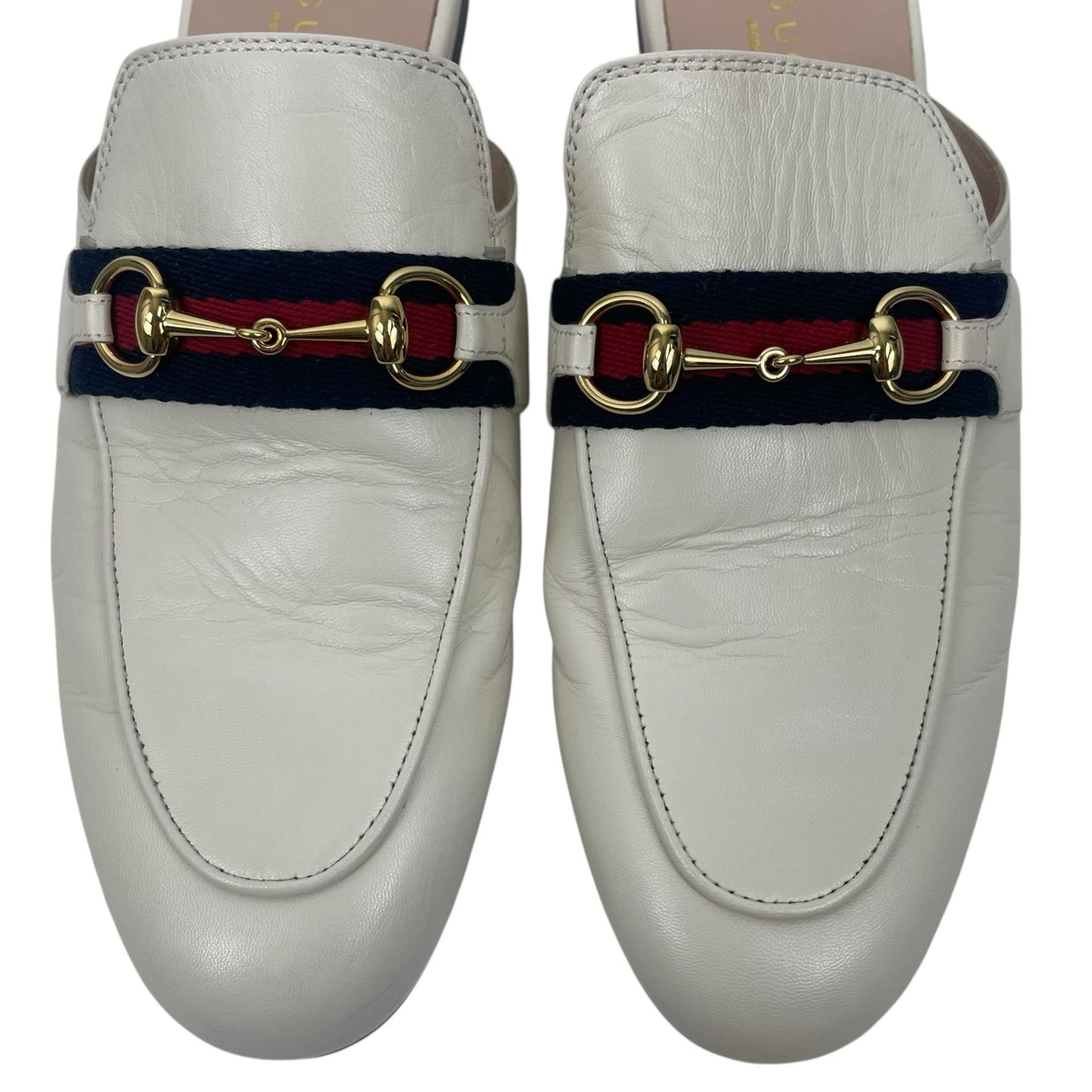 Gucci Princetown Web Leather Slide Mules Gold Horsebit White Size 38