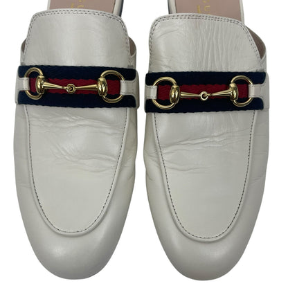 Gucci Princetown Web Leather Slide Mules Gold Horsebit White Size 38
