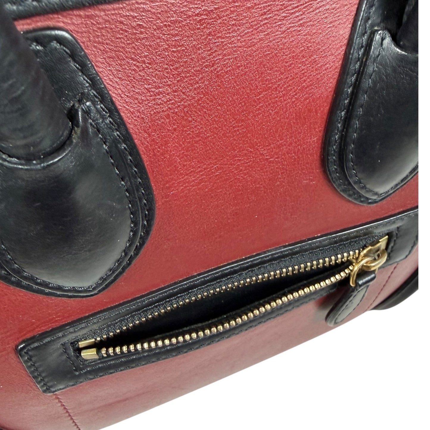 Celine Tricolor Mini Luggage Tote Bag Calf Leather Suede Rust Red Black