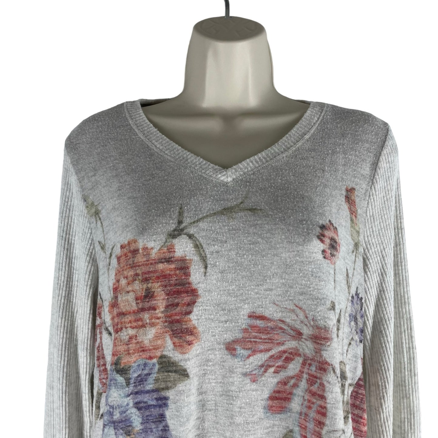 Soft Surroundings Floral Printed Ribbed Knit V Neck Pullover Top Size M