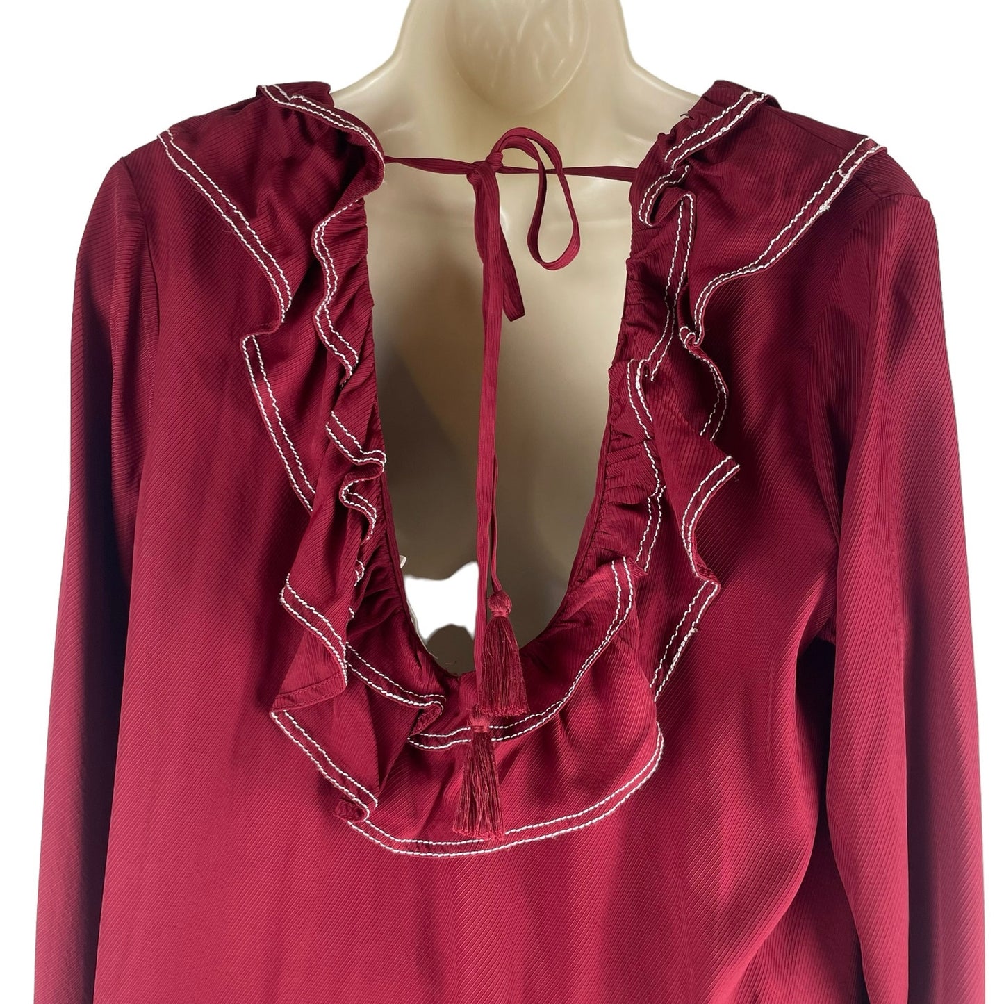 Tularosa Heather Blouse Ruffle Collar Tassel Tie Back Red Size L