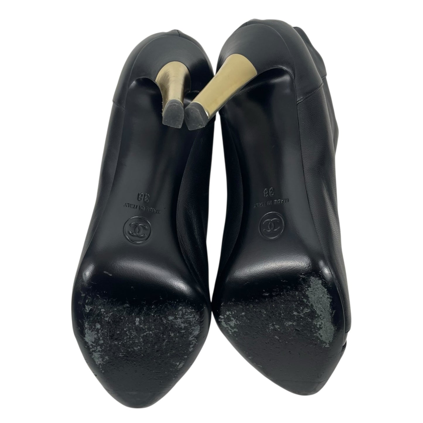 Chanel CC Logo Cap Toe Lamb Leather Heel Ankle Boots Black Size 38