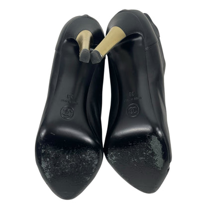Chanel CC Logo Cap Toe Lamb Leather Heel Ankle Boots Black Size 38