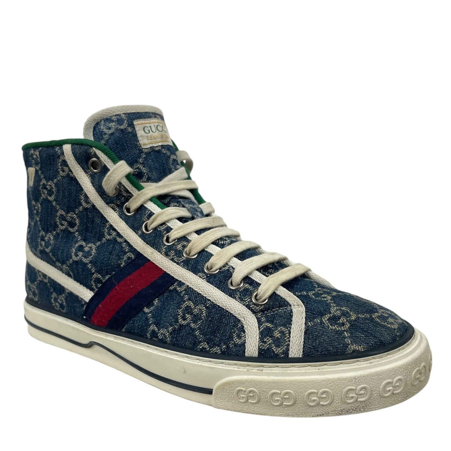 Gucci 1977 Tennis High Top Sneakers GG Monogram Denim Blue Size 8.5/ 9