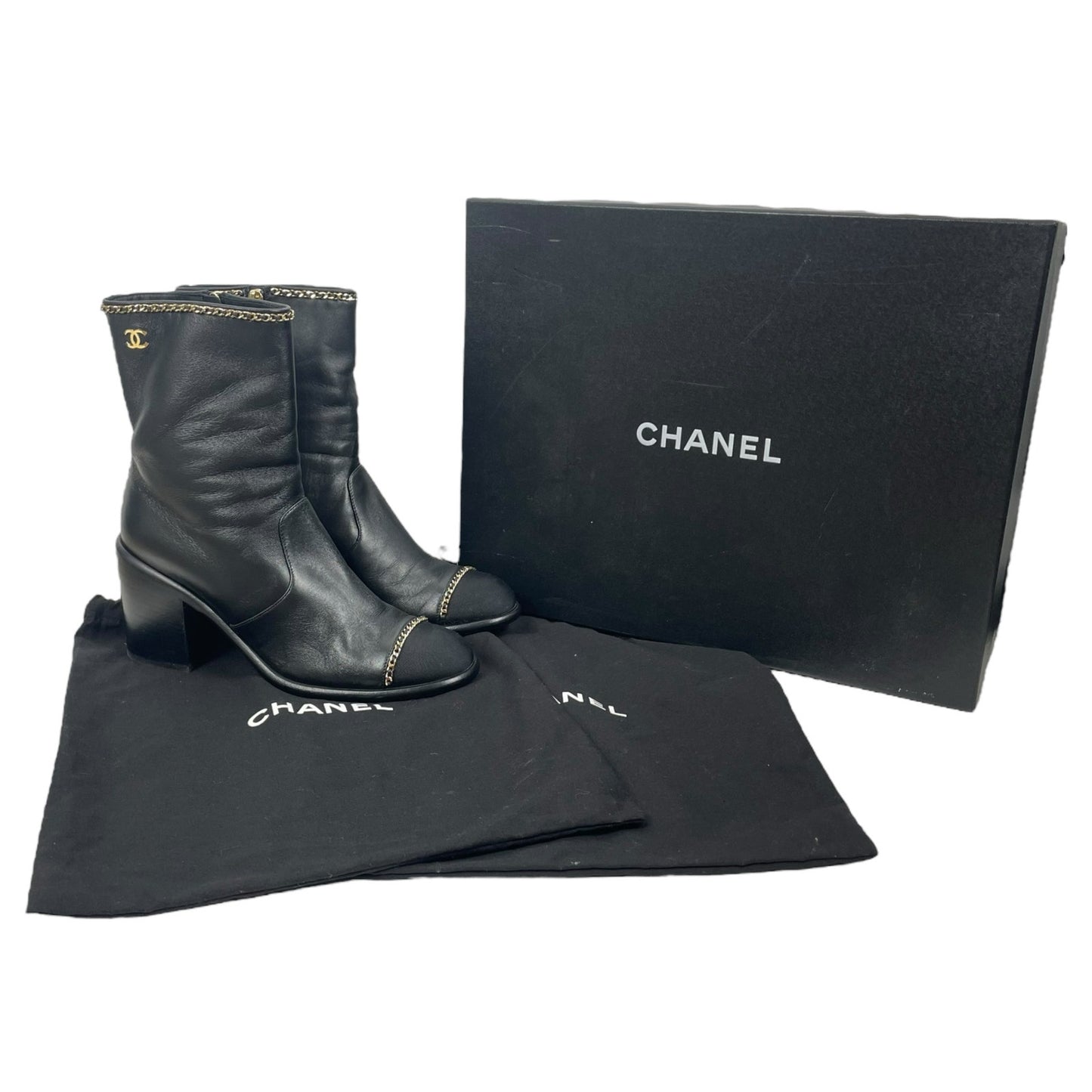 Chanel Coco Mark Logo Cap Toe Chain Short Leather Boots Black Size 39