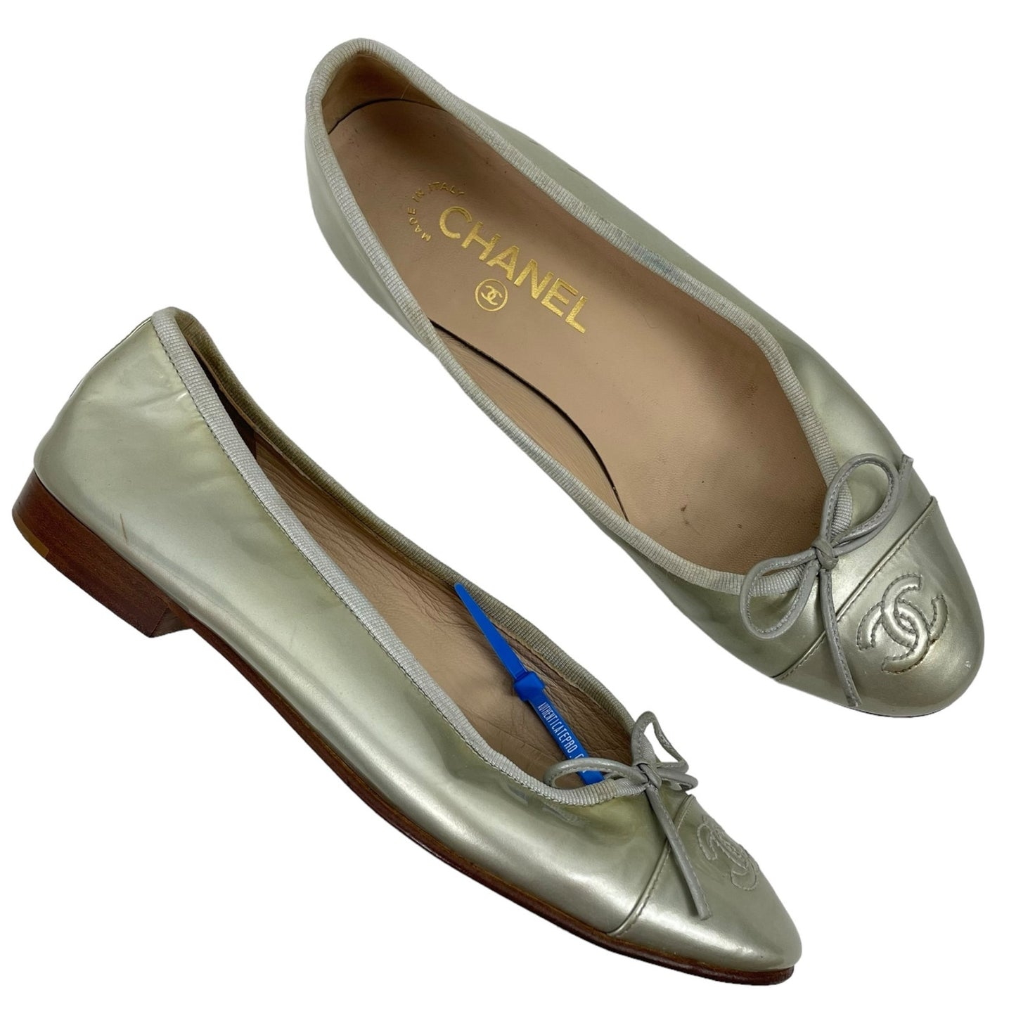 Chanel Cap Toe CC Logo Bow Ballet Flats Patent Leather Light Gold Size 37