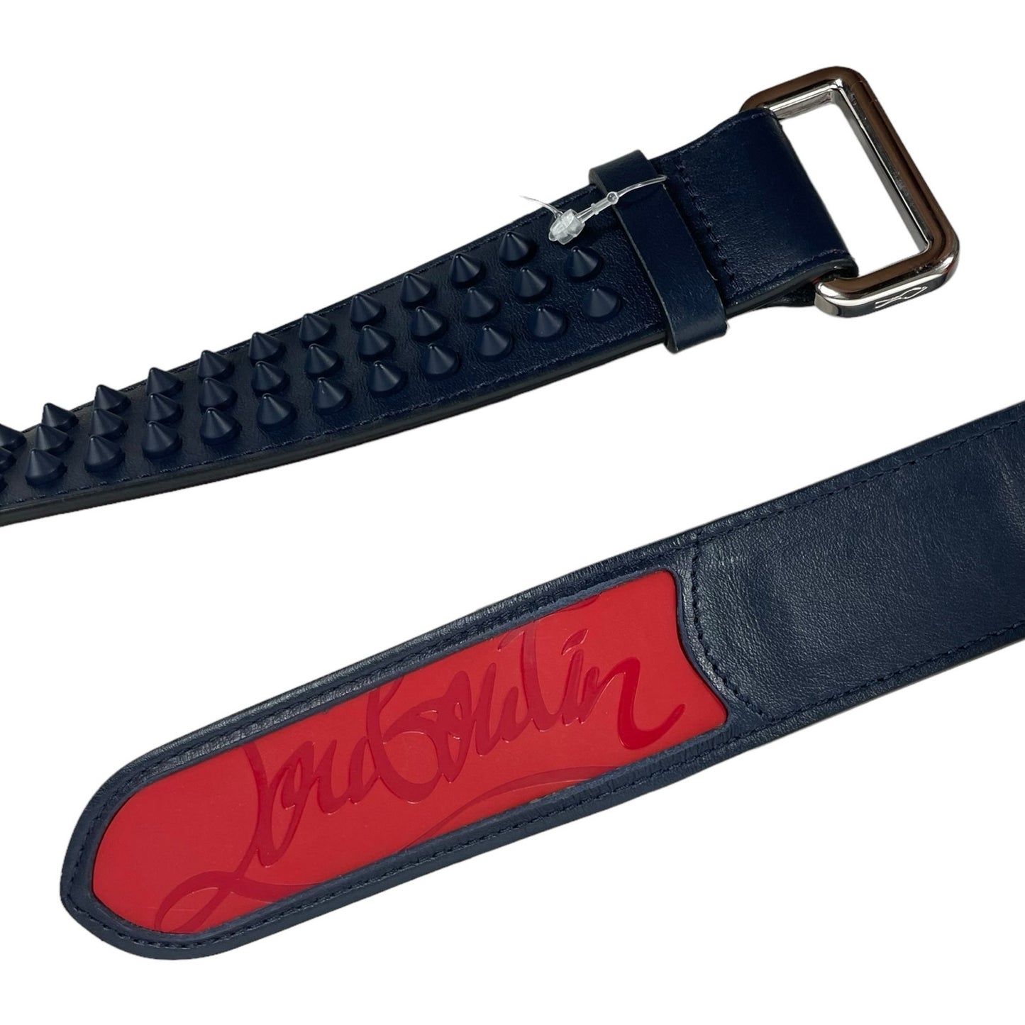 NEW Christian Louboutin Loubi Spike Logo Leather Belt Navy Size 115/46