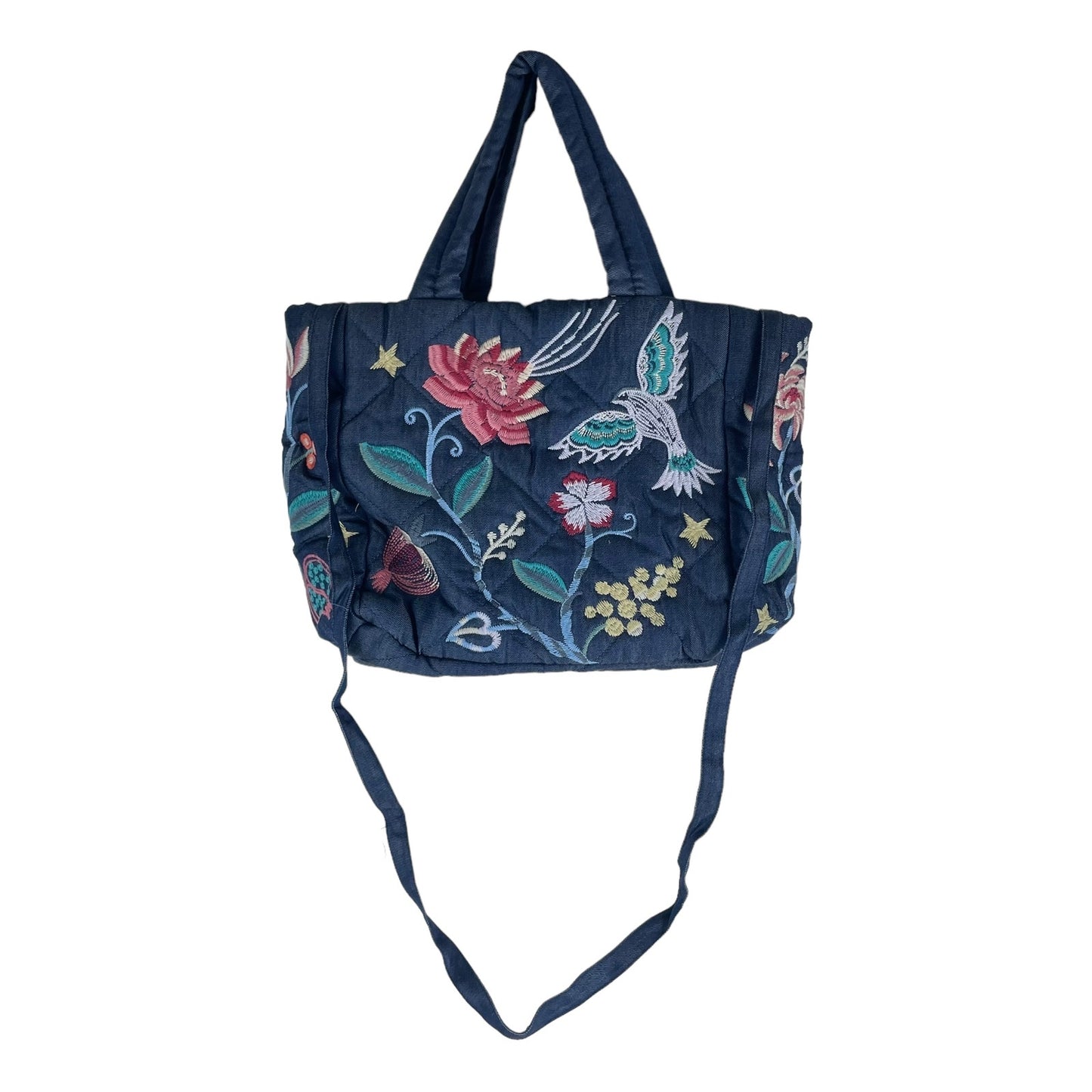 Johnny Was Viola Denim Quilted Tote Bag Embroidered Blue