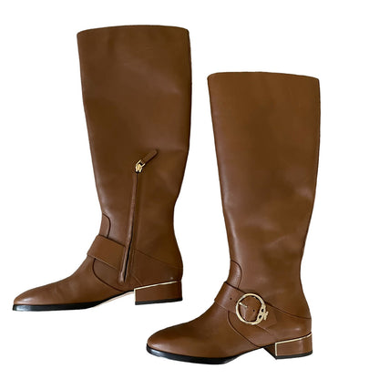 Tory Burch Sofia Tall Riding Boots Leather Logo Festive Brown Size 7