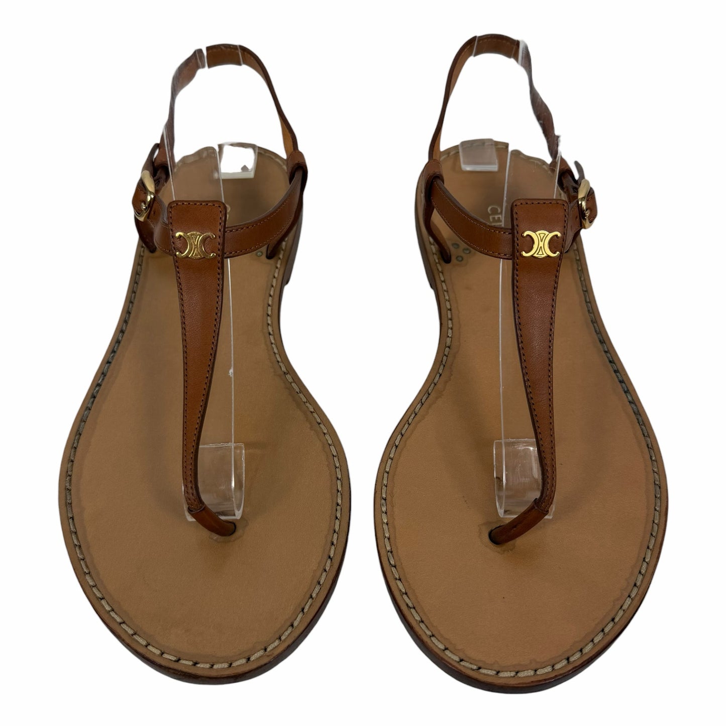 Celine Triomphe Thong Leather Flat Sandal Ankle Strap Brown Size 36