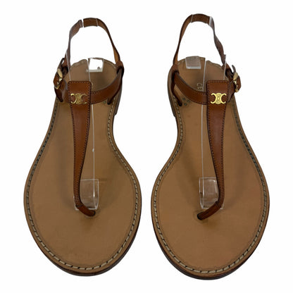 Celine Triomphe Thong Leather Flat Sandal Ankle Strap Brown Size 36