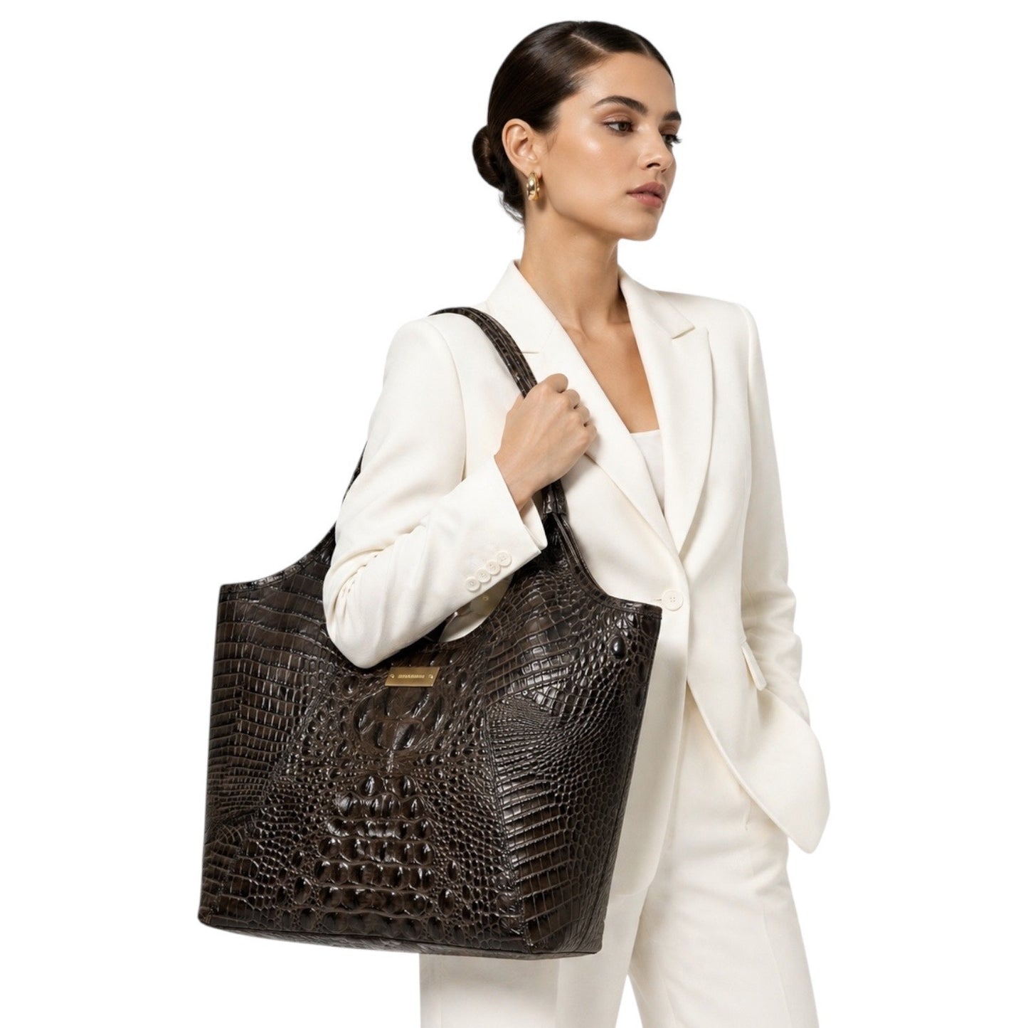 Brahmin Melbourne Shopper Tote Bag Brown Croc Embossed Leather