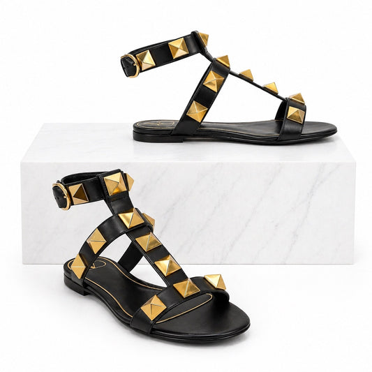 Valentino Garavani Roman Stud Ankle Strap Leather Sandal Black Size 36