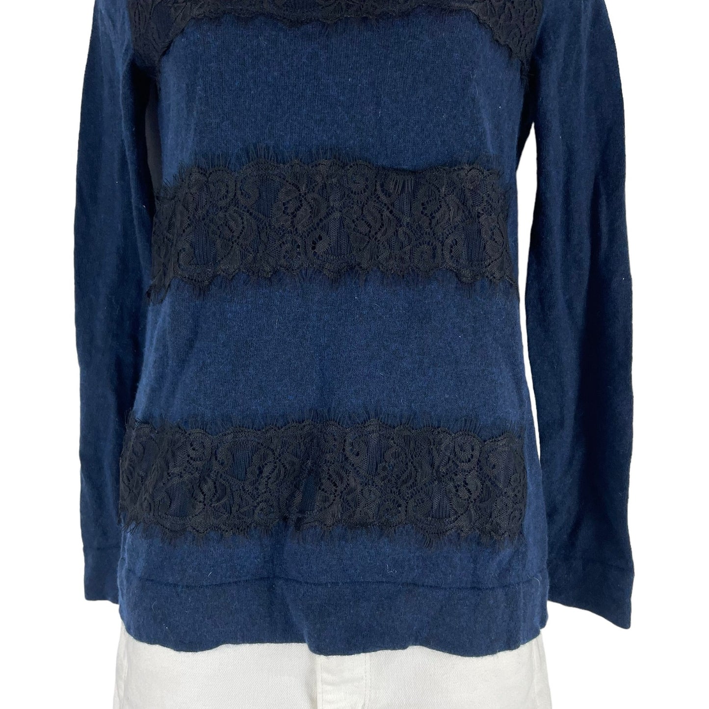 J. Crew Merino Wool Lace Pullover Sweater Crew Neck Blue Size XS