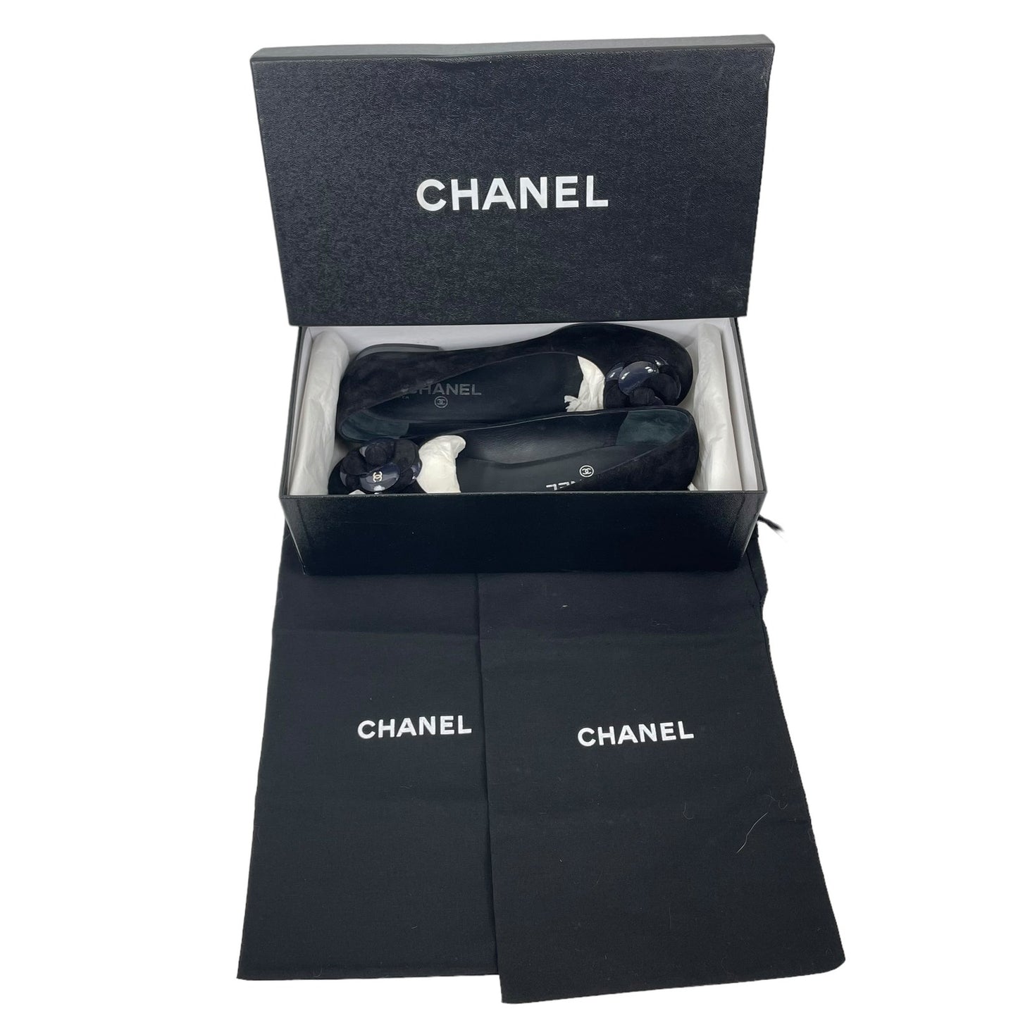 Chanel Black Suede Camellia CC Logo Ballet Flats Slip On Size 38C