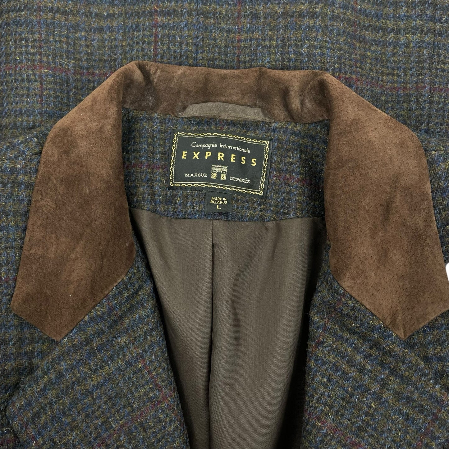 Express Suede Collar Wool Plaid Blazer Jacket Suede Gray Brown Size L