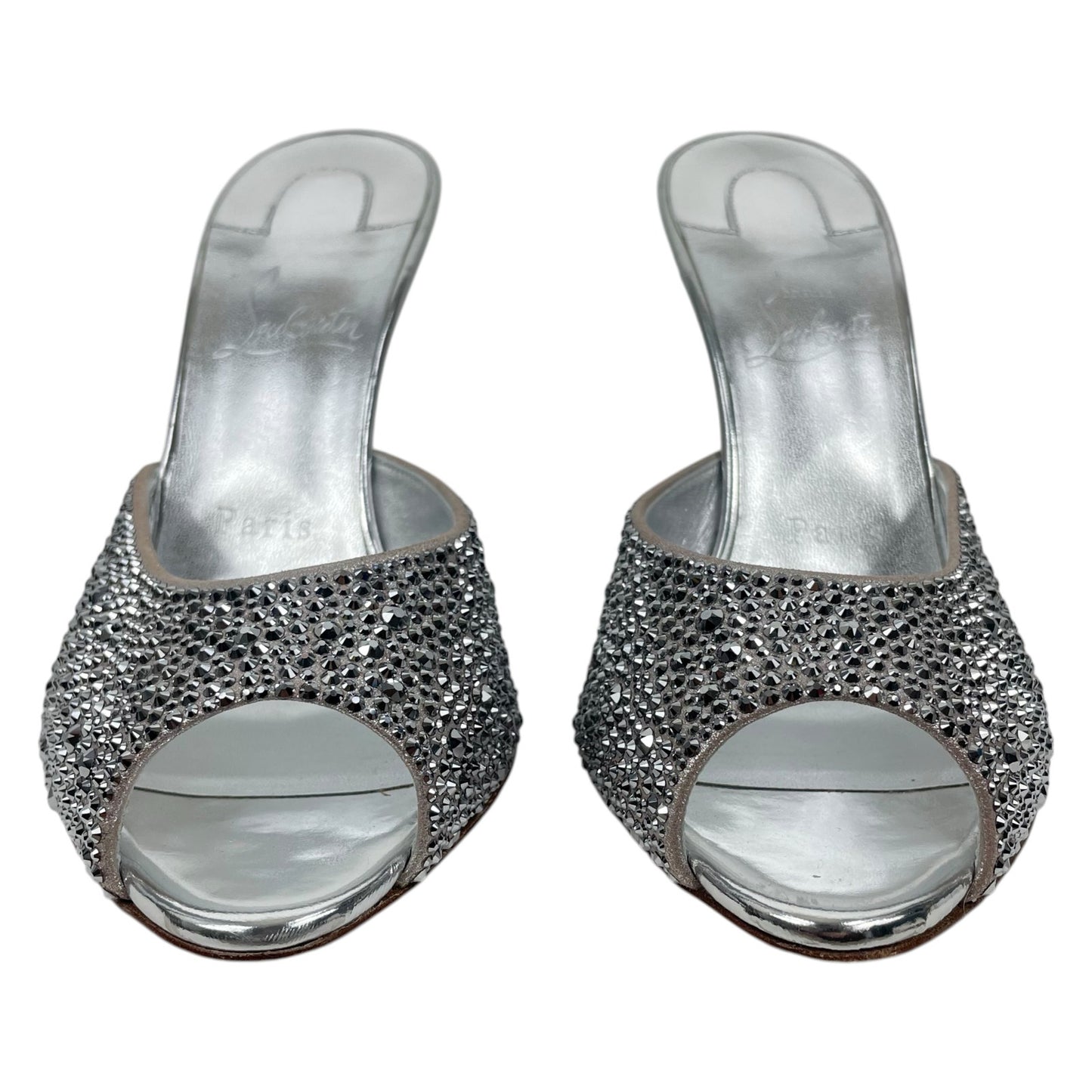 Christian Louboutin Me Dolly Strass 100mm Crystal Mules Silver Size 38