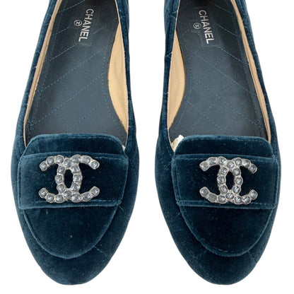 Chanel CC Logo Jeweled Velvet Quilted Slip On Flats Blue Size 39