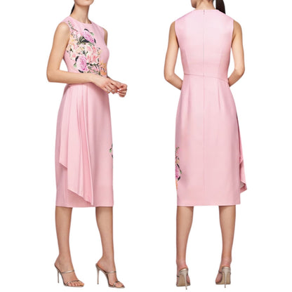 Kay Unger Mabel Midi Dress Floral Print Side Pleats Pink Size 16