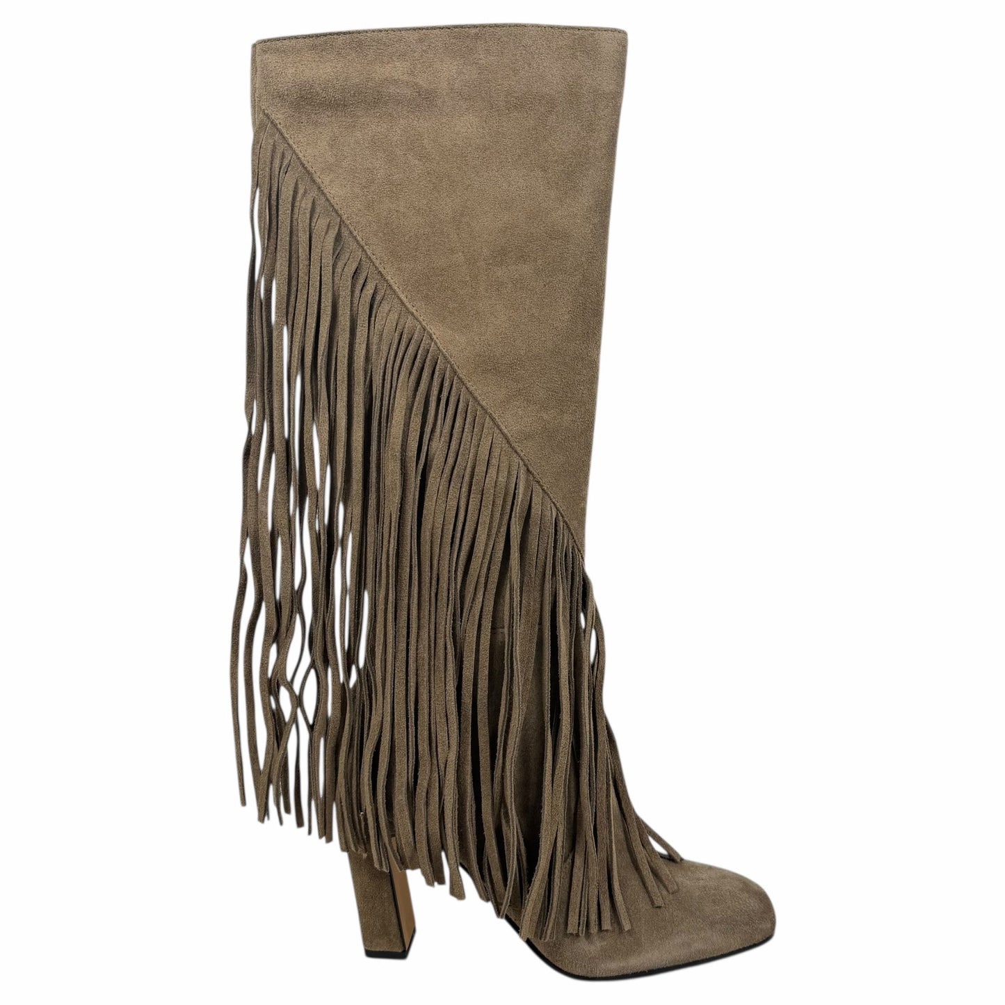 Dolce Vita Giano Fringed Knee High Heeled Boots Olive Suede Size 7.5