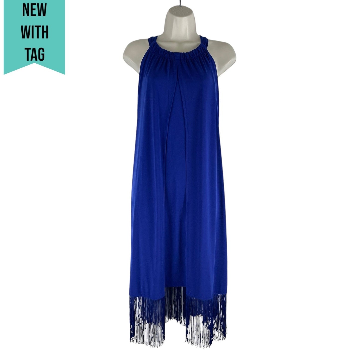 Chico's Fringed Hem Halter Neck Midi Dress Blue Size 2P/ LP