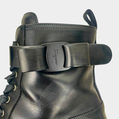 Salvatore Ferragamo Vara bow Lace Up Leather Combat Boots Black Size 9.5