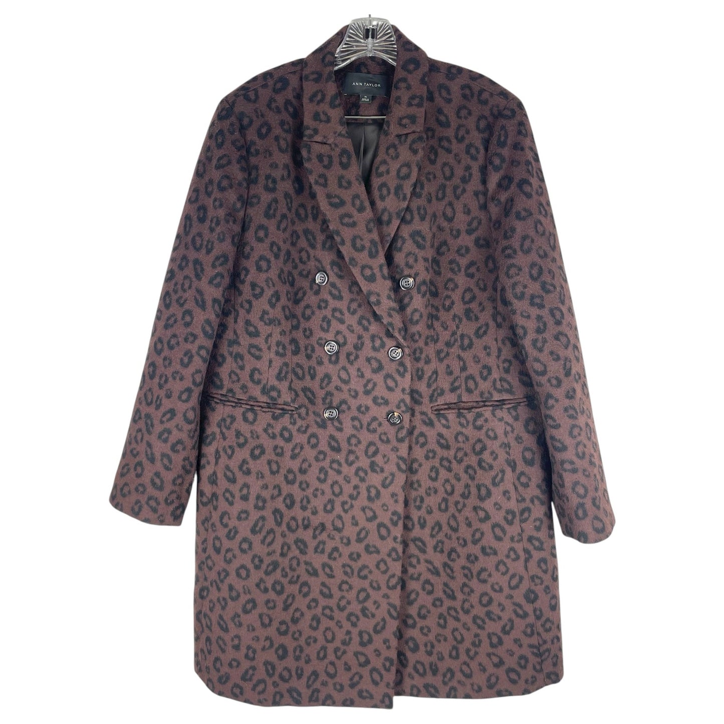 Ann Taylor Wool Blend Chesterfield Coat Brown Cheetah Print Size XL