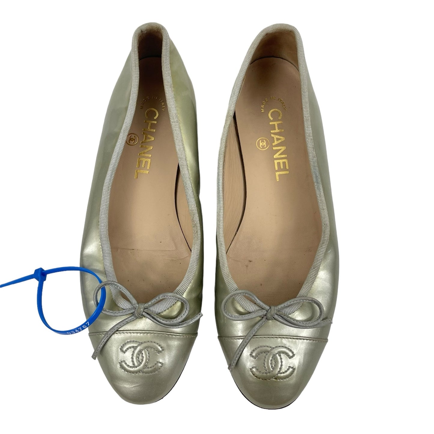 Chanel Cap Toe CC Logo Bow Ballet Flats Patent Leather Light Gold Size 37