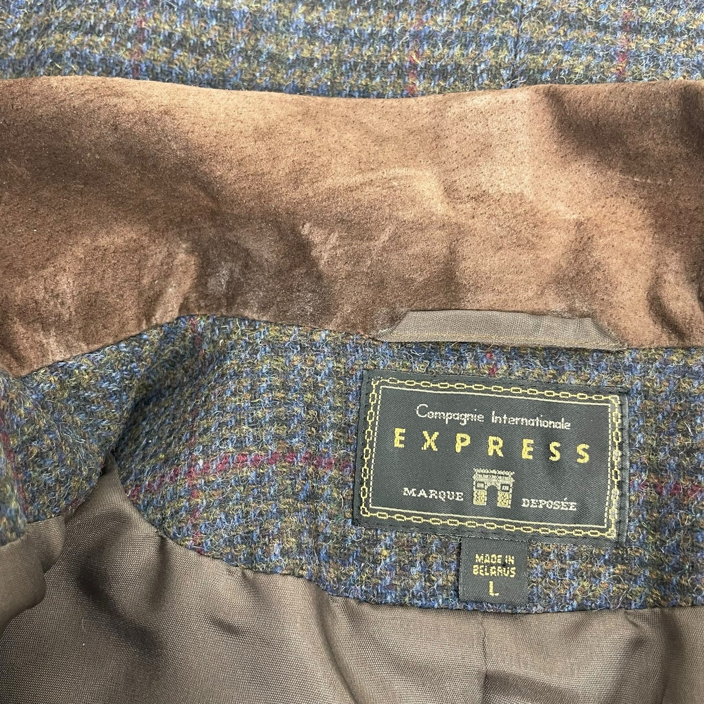 Express Suede Collar Wool Plaid Blazer Jacket Suede Gray Brown Size L