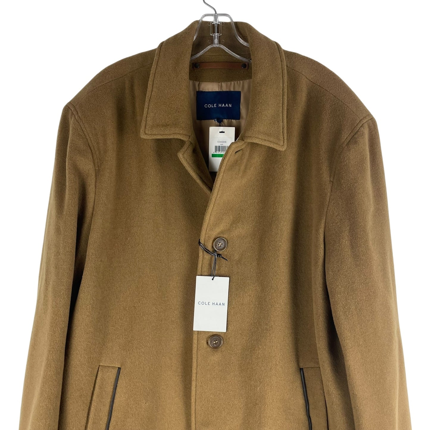 Cole Haan Cashmere Blend Topper Coat Leather Trim Camel Size L