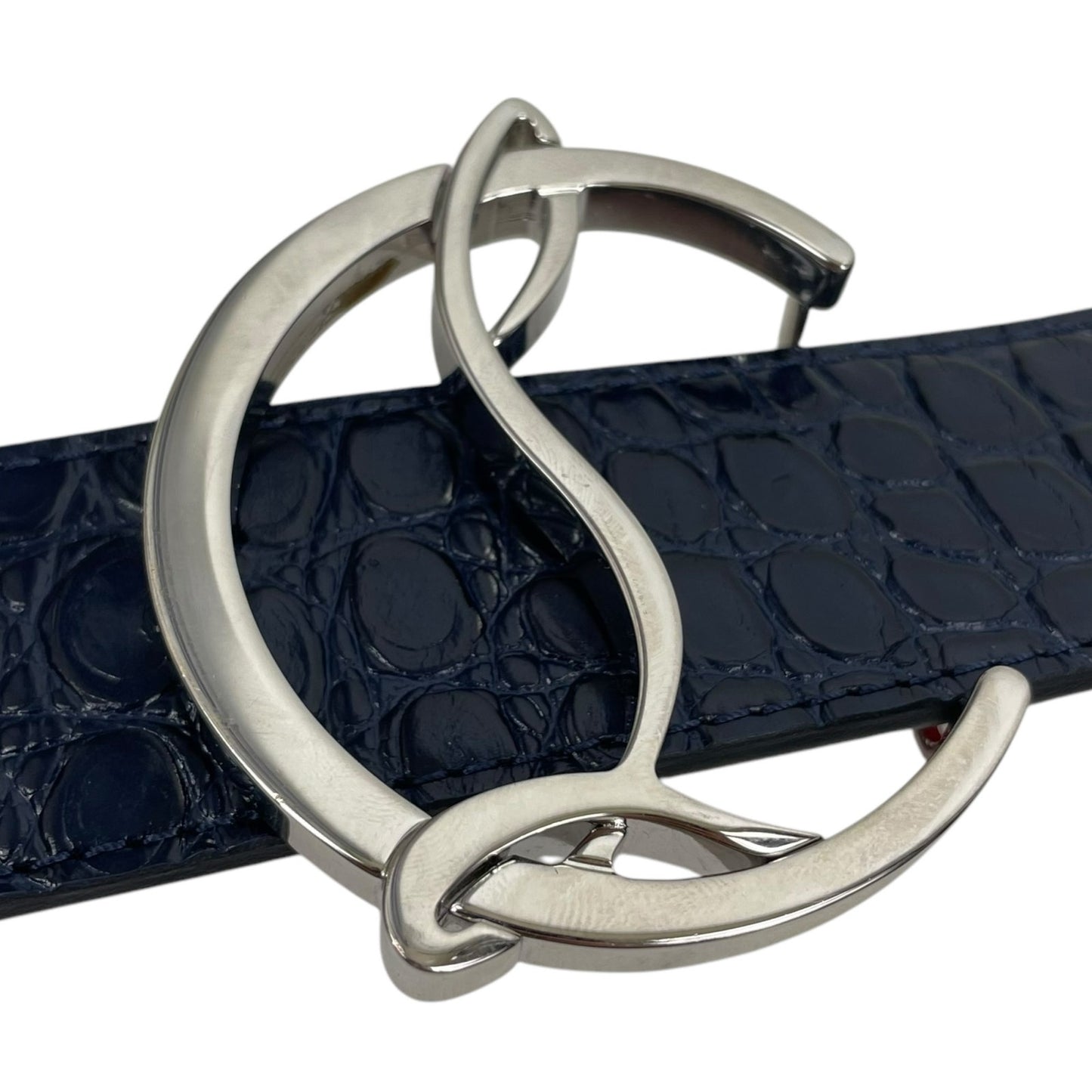 Christian Louboutin CL Logo Crocodile Reversible Leather Belt Blue Size 85/34