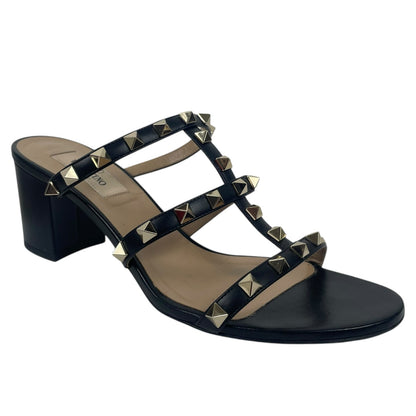 Valentino Garavani 60mm Rockstud Leather Slide Heel Sandal Black Size 37.5