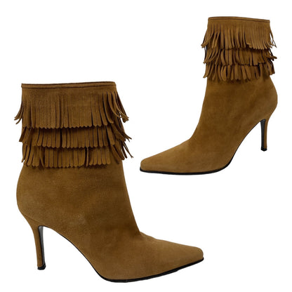 Stuart Weitzman Suede Fringed Ankle Boots Pointed Toe Brown Size 10B