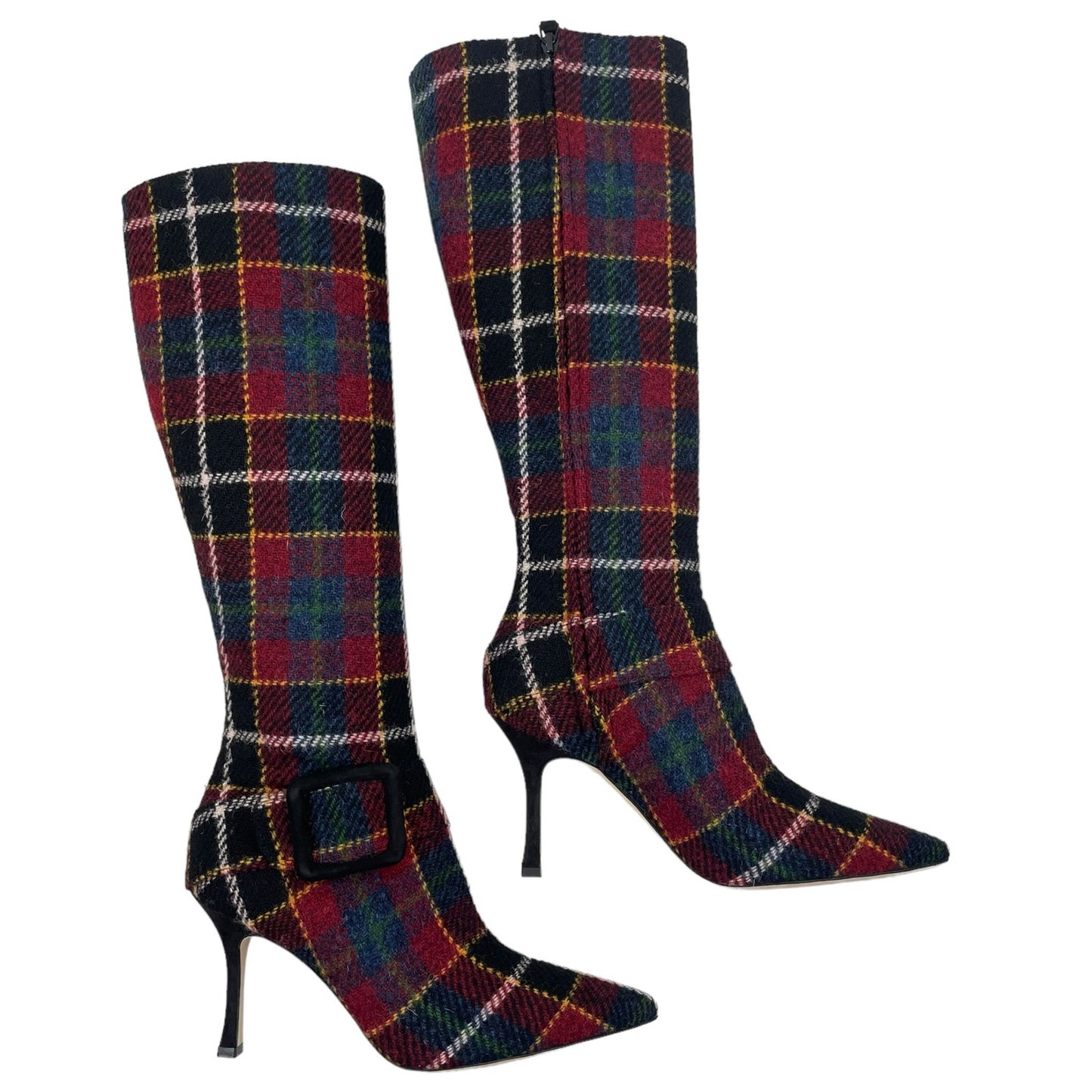 Manolo Blahnik Bayhi Gala Val Check Virgin Wool Knee High Boots Size 37.5